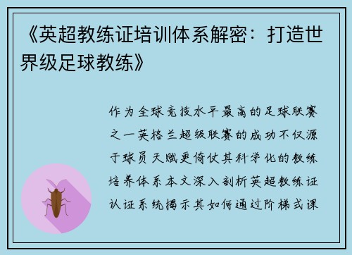 《英超教练证培训体系解密：打造世界级足球教练》